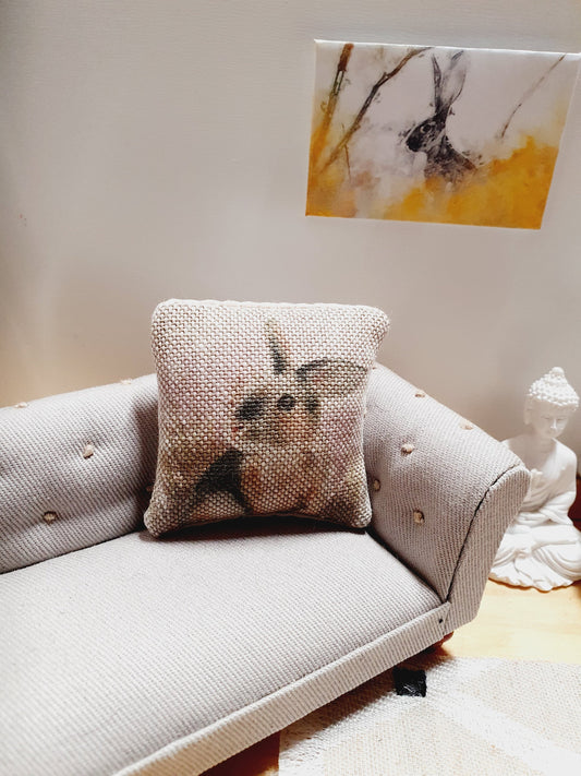 Dolls house 1x Rabbit cushion, Cute Little Rabbit, 12th scale cushions, miniature cushion