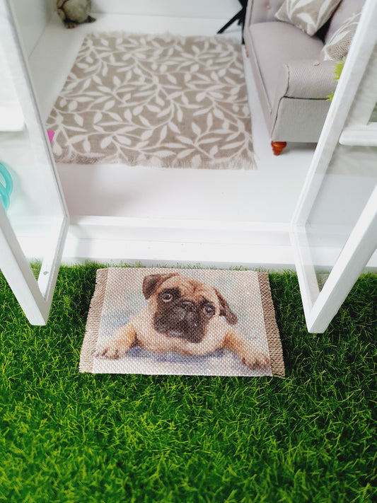 Dolls House Pug Dog Design Fabric Door Mat | 1:12th Scale | Miniature Mat