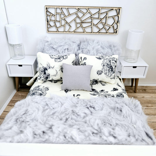 Dolls house 7 piece set, Double bedding, pretty grey flowers with soft grey throw & cushions, 12th scale bedding, miniature bed set