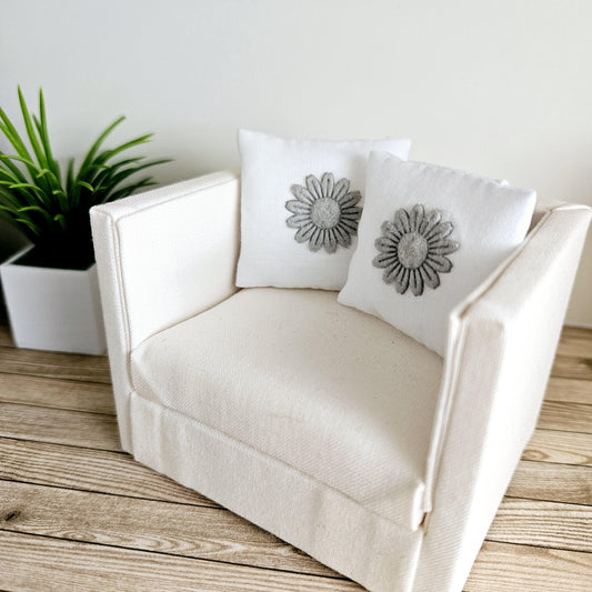 Dolls house Pair Flower Cushions | Cream or Grey Design Available | 12th scale cushions, miniature cushions