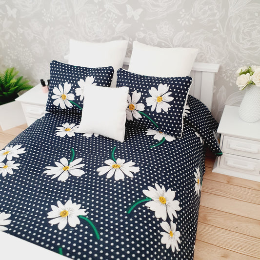 Dolls house Navy Floral 6 piece set, Double bedding, pretty navy flowers, 12th scale bedding, miniature bed set