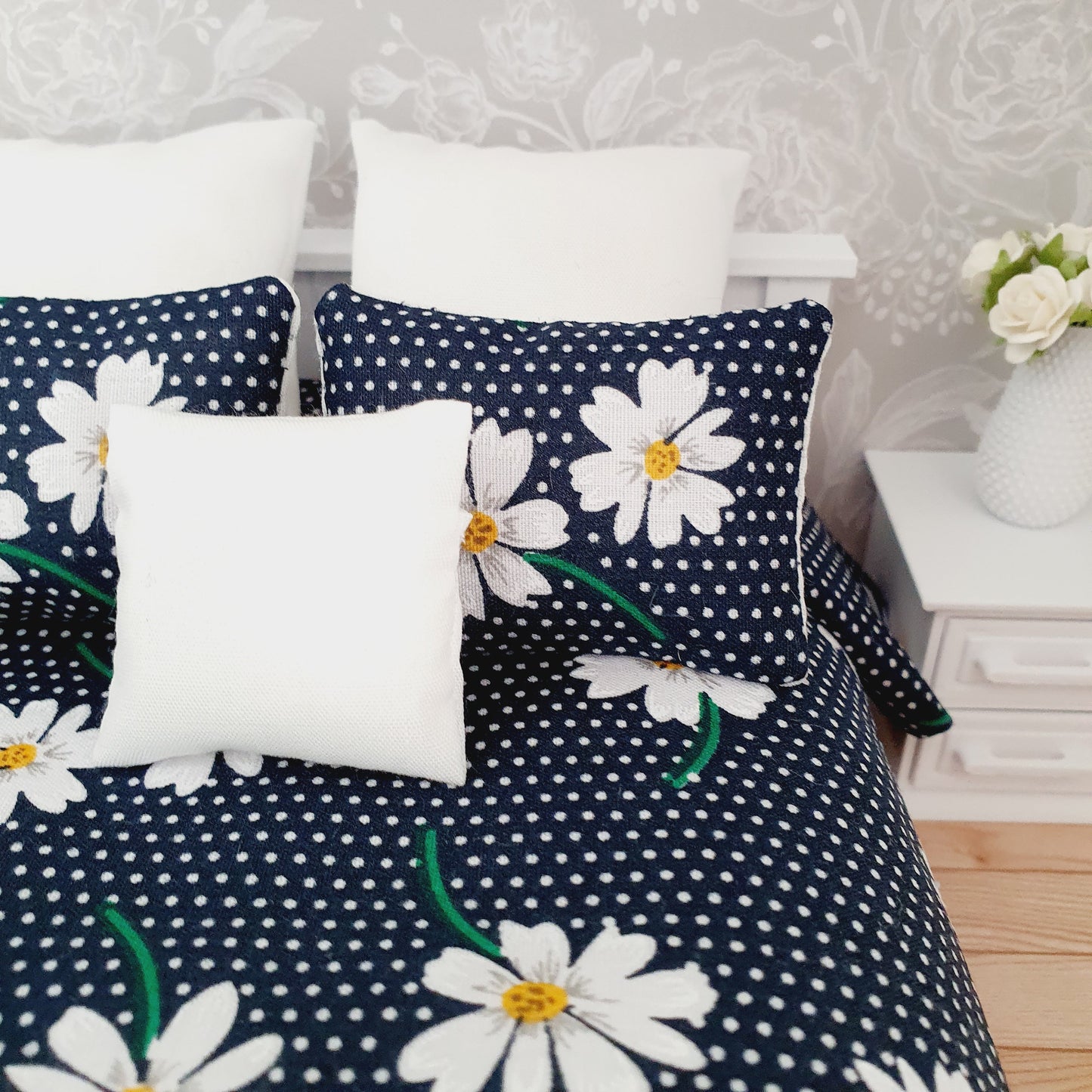 Dolls house Navy Floral 6 piece set, Double bedding, pretty navy flowers, 12th scale bedding, miniature bed set
