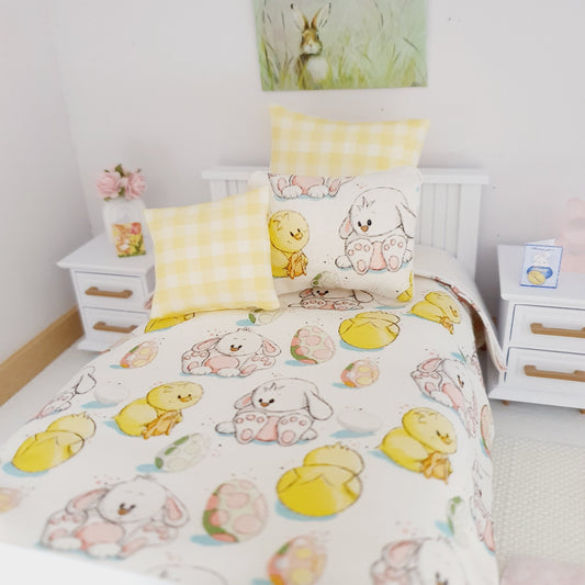 Dolls House Easter Single Bedding Set – Cute Chicks & Bunnies, 1:12 Scale Miniature