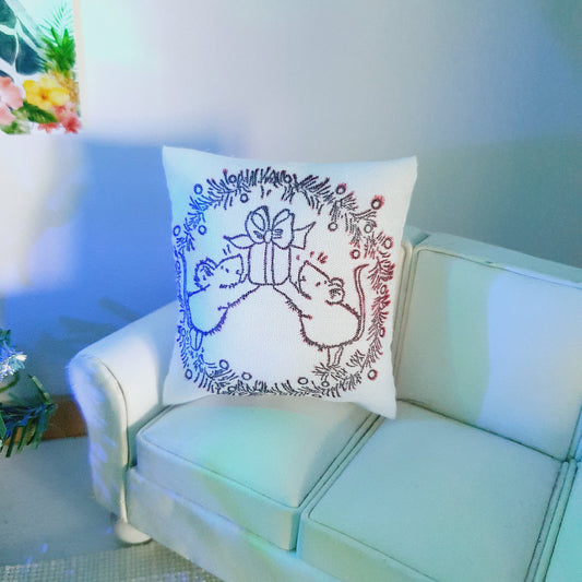 Dolls house Christmas Mice and gift Cushion, 12th scale cushions, Miniature Christmas cushion