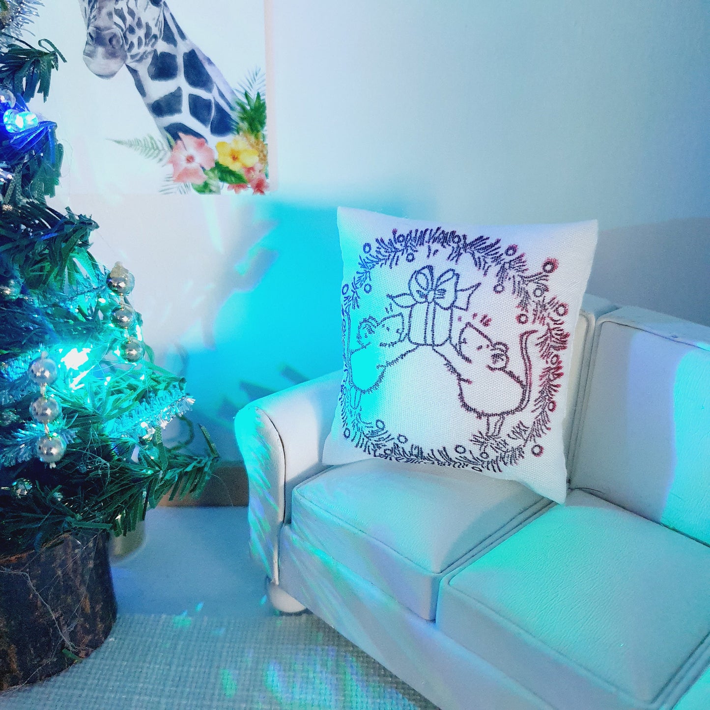 Dolls house Christmas Mice and gift Cushion, 12th scale cushions, Miniature Christmas cushion