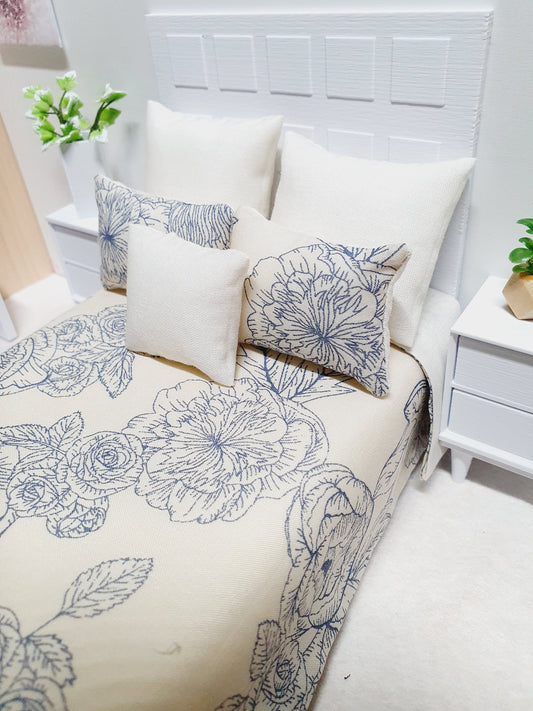 Dolls house 6 piece set, Double bedding, pretty blue flowers, 12th scale bedding, miniature bed set
