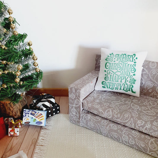 Dolls house Christmas Green & White Christmas Cushion, 12th scale cushions, miniature cushion