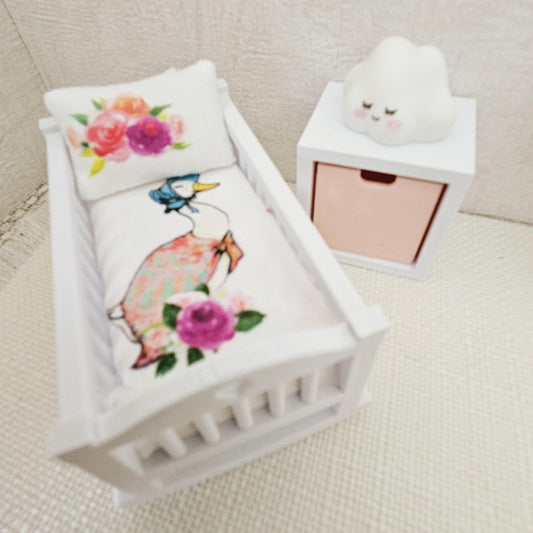 Dolls House Crib Bedding – Jemima Puddle duck Design, Handmade in England, 1:12 Scale