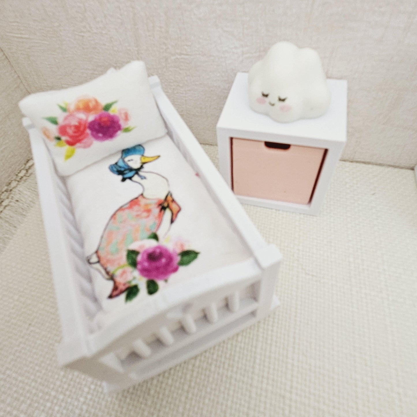 Dolls House Crib Bedding – Jemima Puddle duck Design, Handmade in England, 1:12 Scale