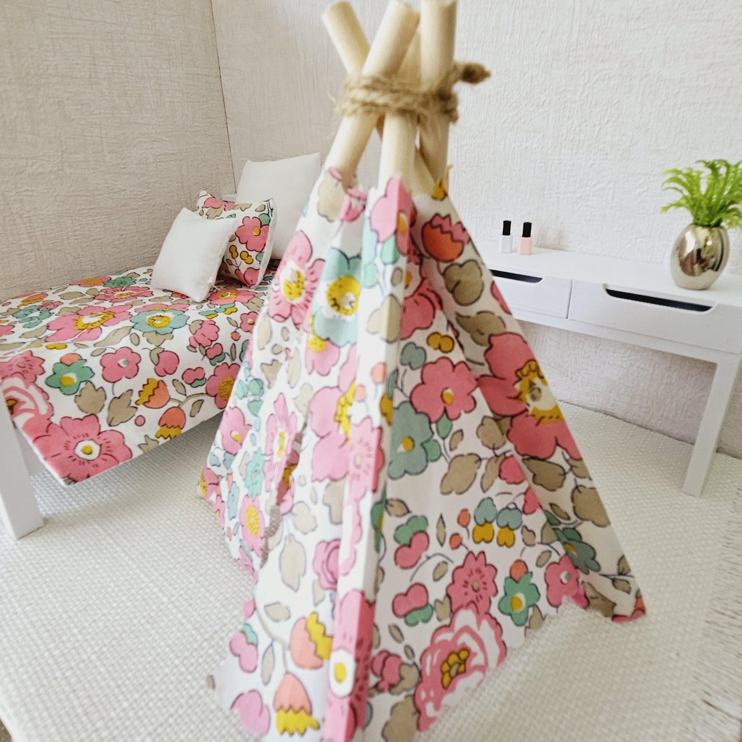 Dolls house Pretty Pink Liberty TeePee / Tent, 12th scale tent, miniature teepee, Tipi, Tent