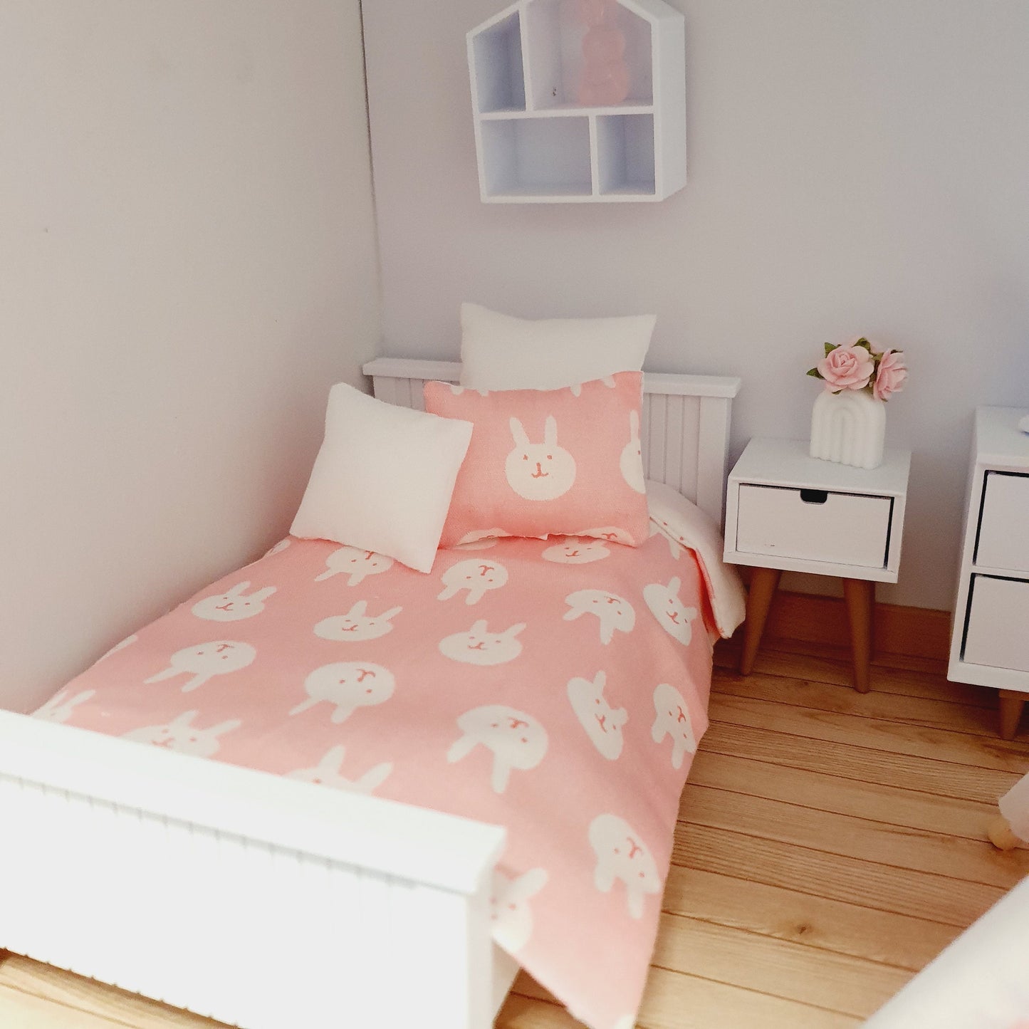Dolls House Junior Bedding Set – Pink with White Rabbits, Handmade in England, 1:12 Scale