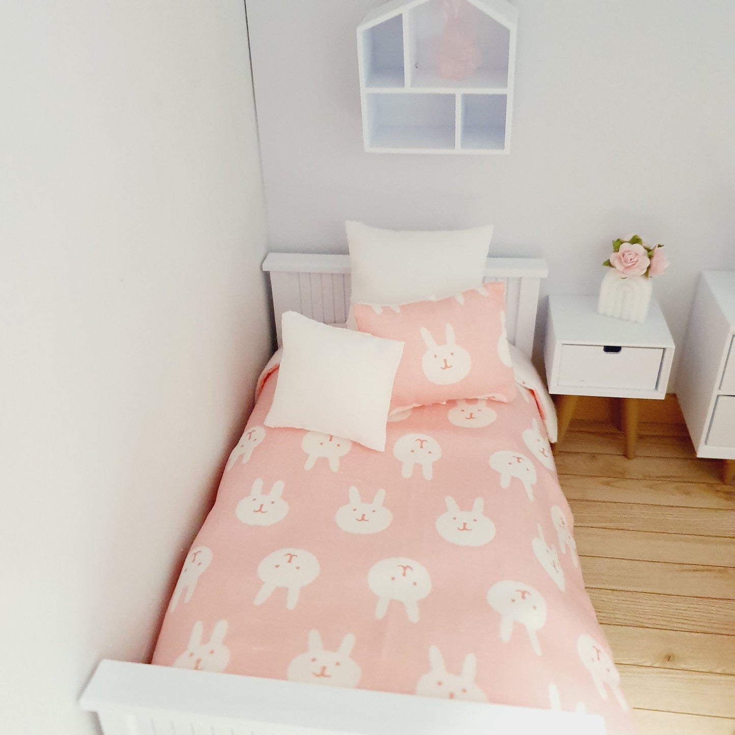 Dolls House Junior Bedding Set – Pink with White Rabbits, Handmade in England, 1:12 Scale