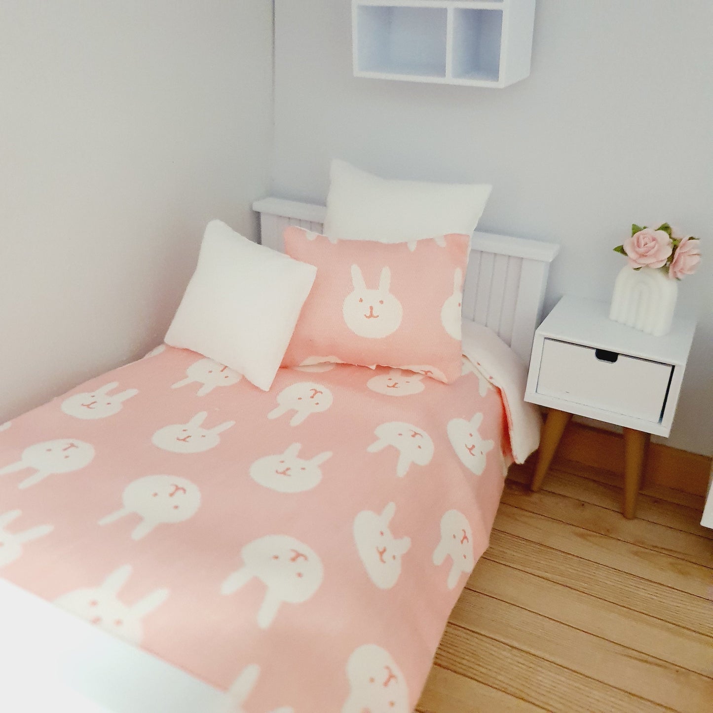 Dolls House Junior Bedding Set – Pink with White Rabbits, Handmade in England, 1:12 Scale