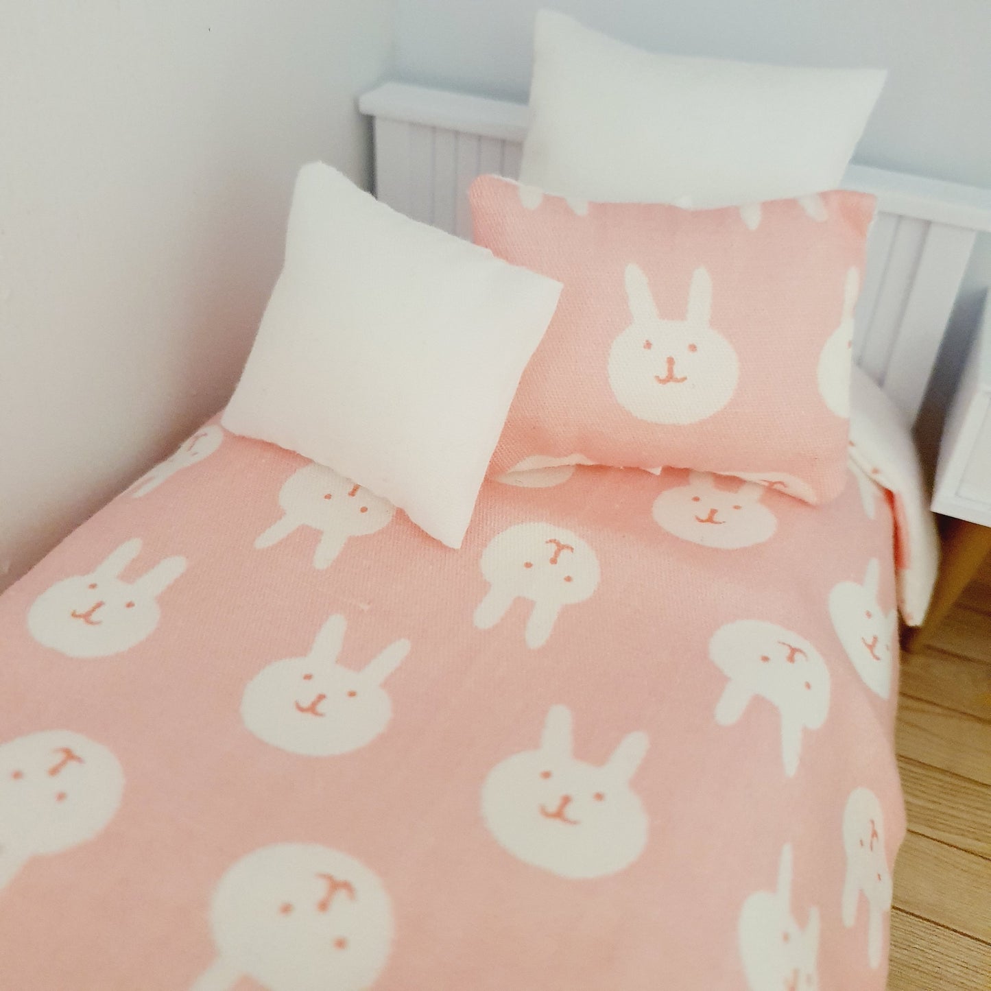 Dolls House Junior Bedding Set – Pink with White Rabbits, Handmade in England, 1:12 Scale