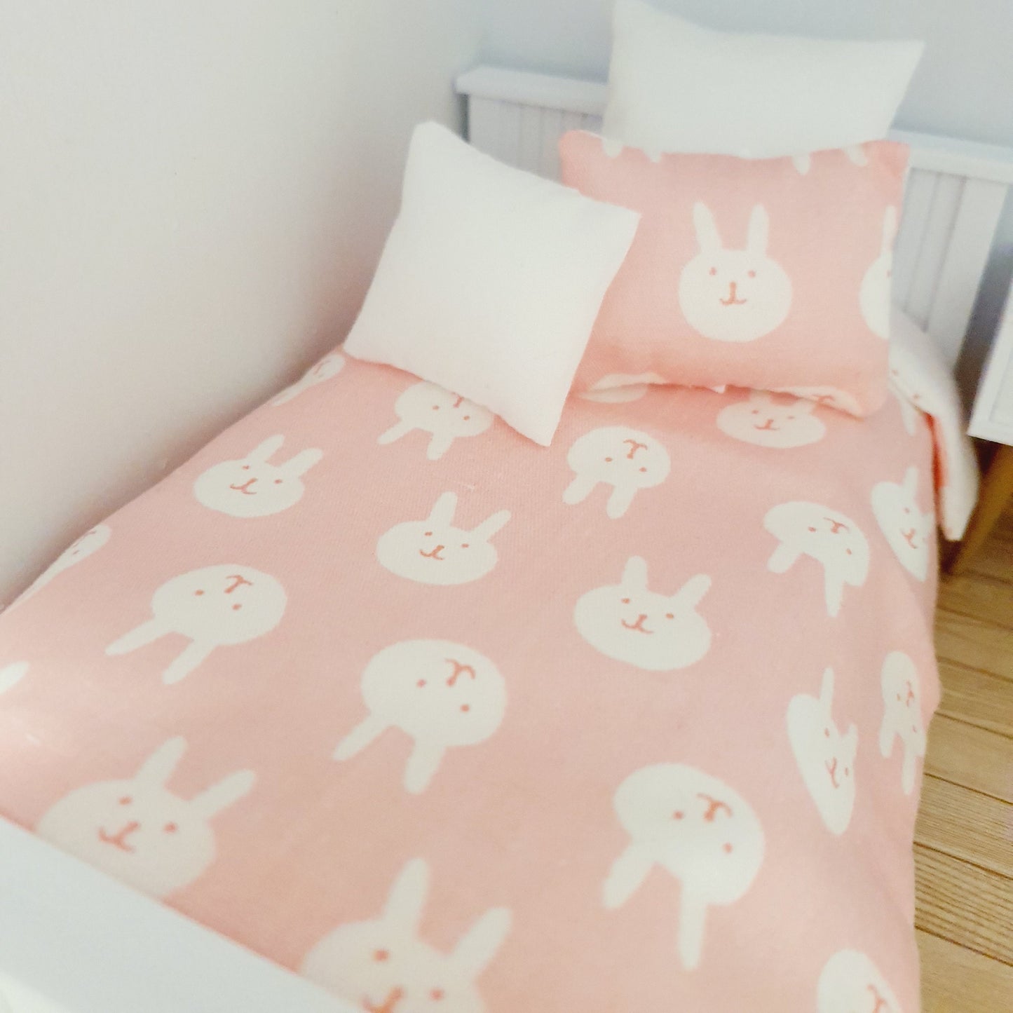 Dolls House Junior Bedding Set – Pink with White Rabbits, Handmade in England, 1:12 Scale
