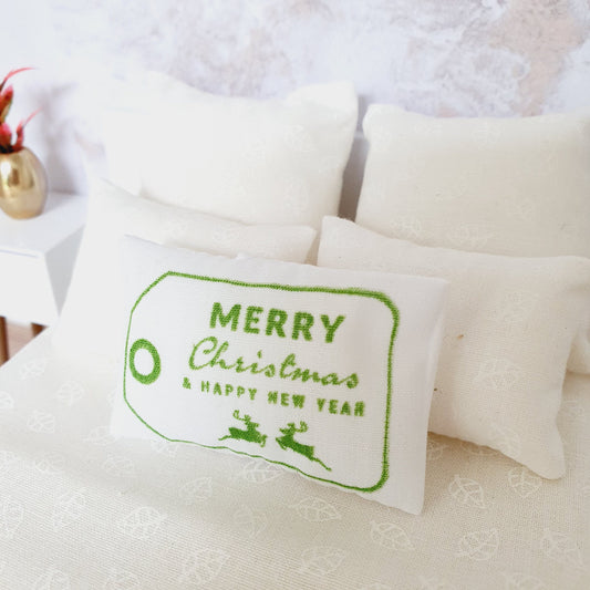 Dolls House Christmas Reindeer Cushion, Green and White, 12th scale cushions, miniature cushion