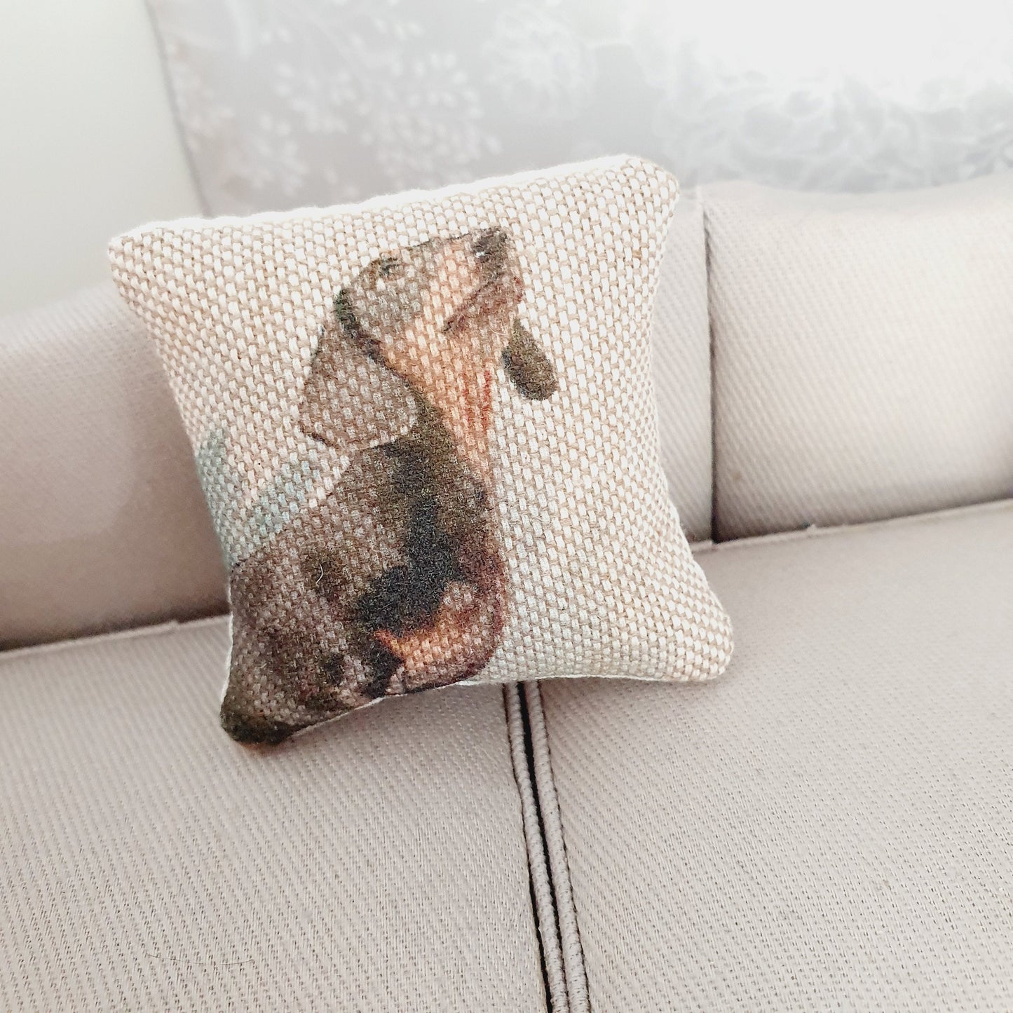 Dolls house 1x Sausage Dog cushion, Cute Dachshund cushion, 12th scale cushions, miniature cushion