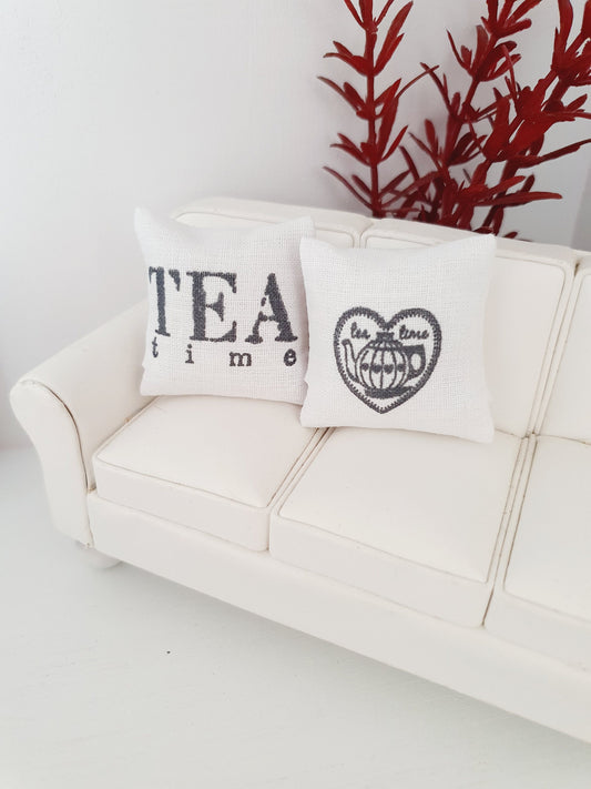 Dolls house Tea Time Cushion Pair, 12th scale cushions, miniature cushions