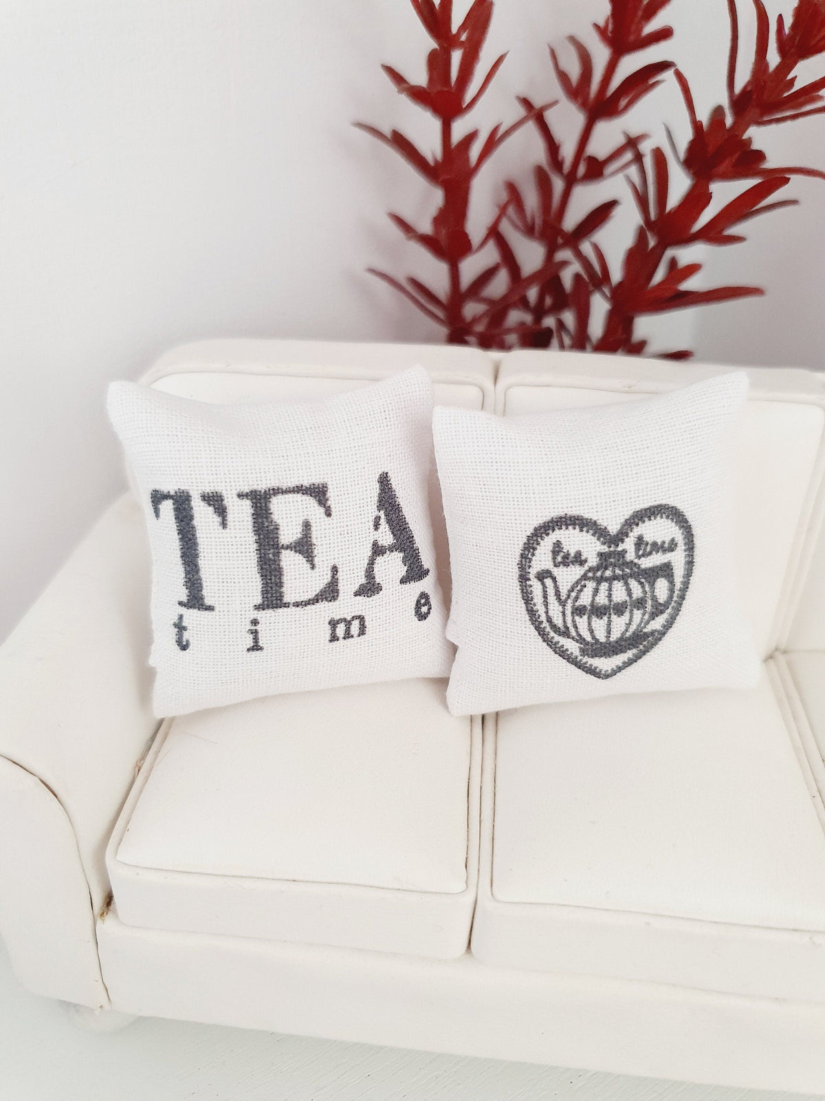 Dolls house Tea Time Cushion Pair, 12th scale cushions, miniature cushions