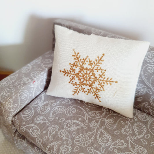 Dolls house Christmas 1 x Gold & Cream Snowflake Christmas Cushion, 12th scale cushions, miniature cushion