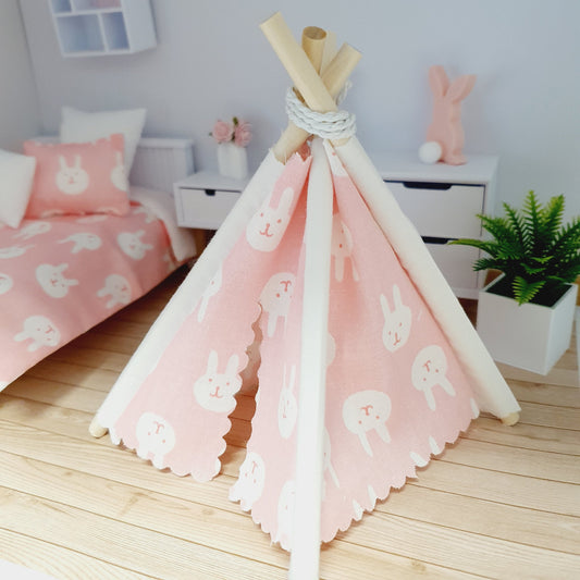 Dolls house Cute Easter Pink with white rabbits Mouse Teepee, 12th scale tent, miniature teepee
