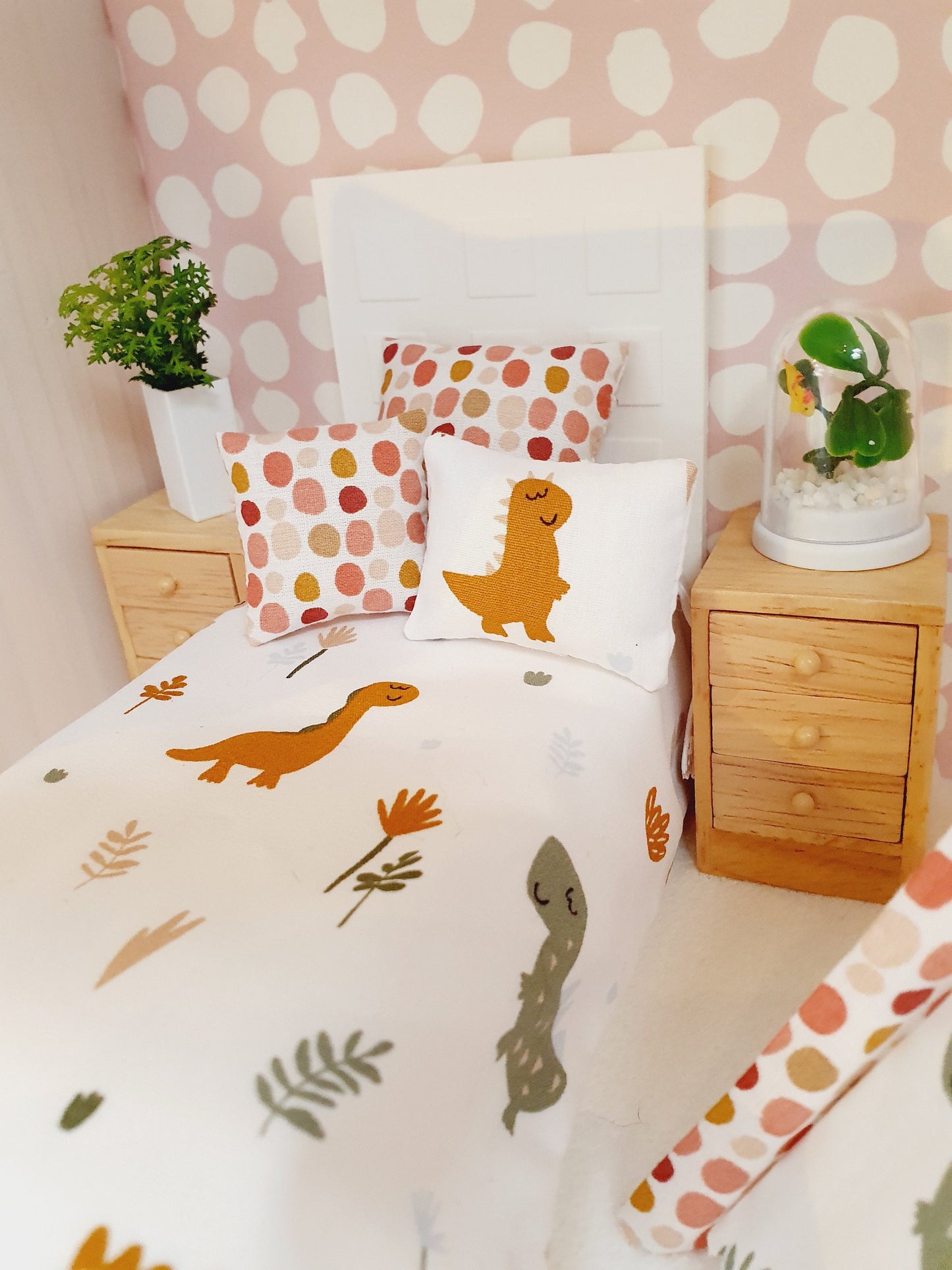 Dolls House Single Cute Dinosaur Set, 12th scale bedding, miniature bed set