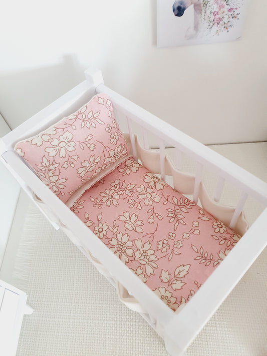 Dolls House Cot Bedding Set – Pink Capel & Cream Bumpers, Handmade in England, 1:12 Scale