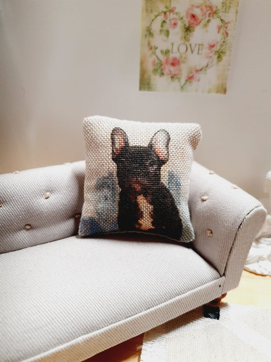 Dolls house French Bulldog Cushion, 12th scale cushions, miniature cushion