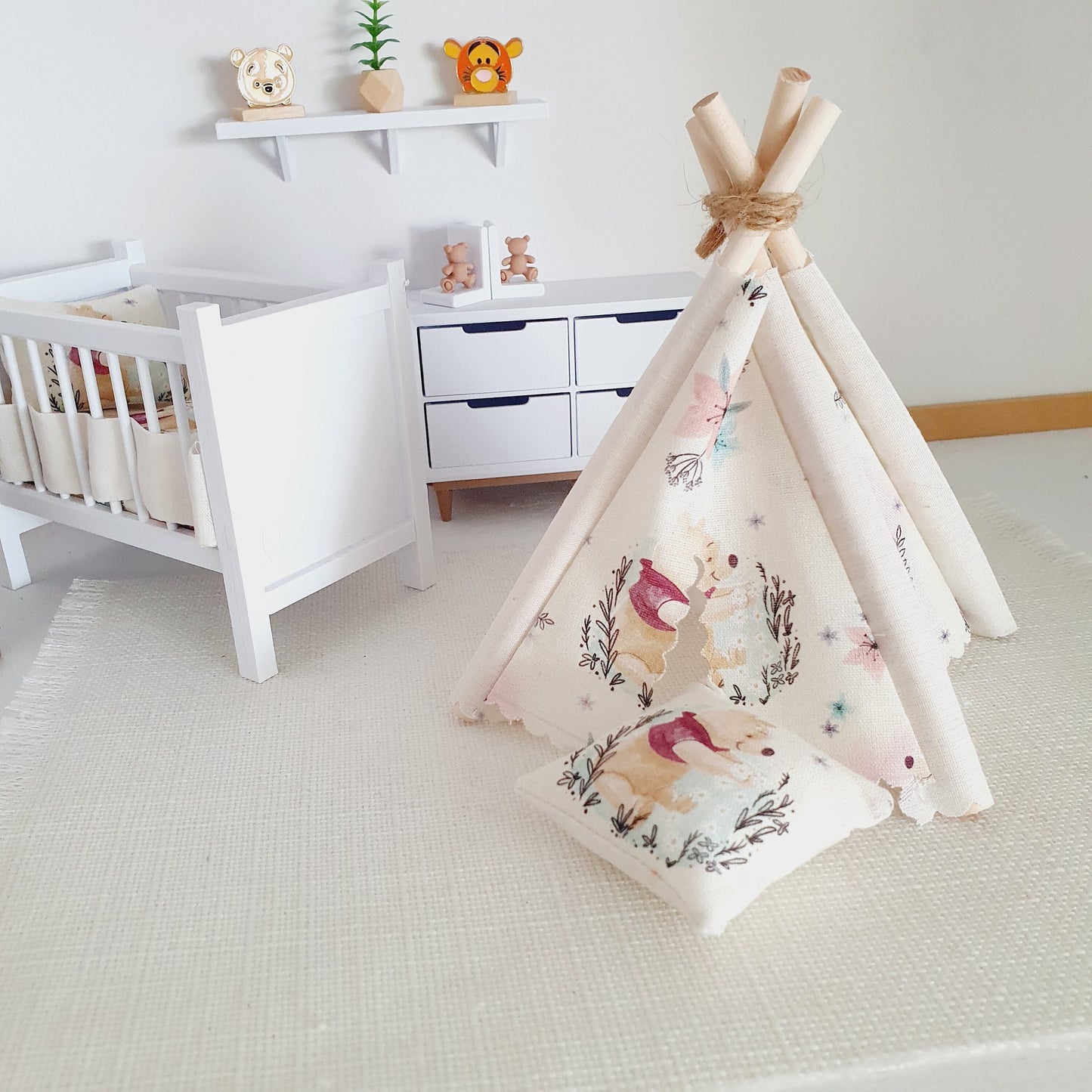 Dolls house Cute Winnie the pooh TeePee / Tent & Floor cushion, 12th scale tent, miniature teepee, Tipi, Tent