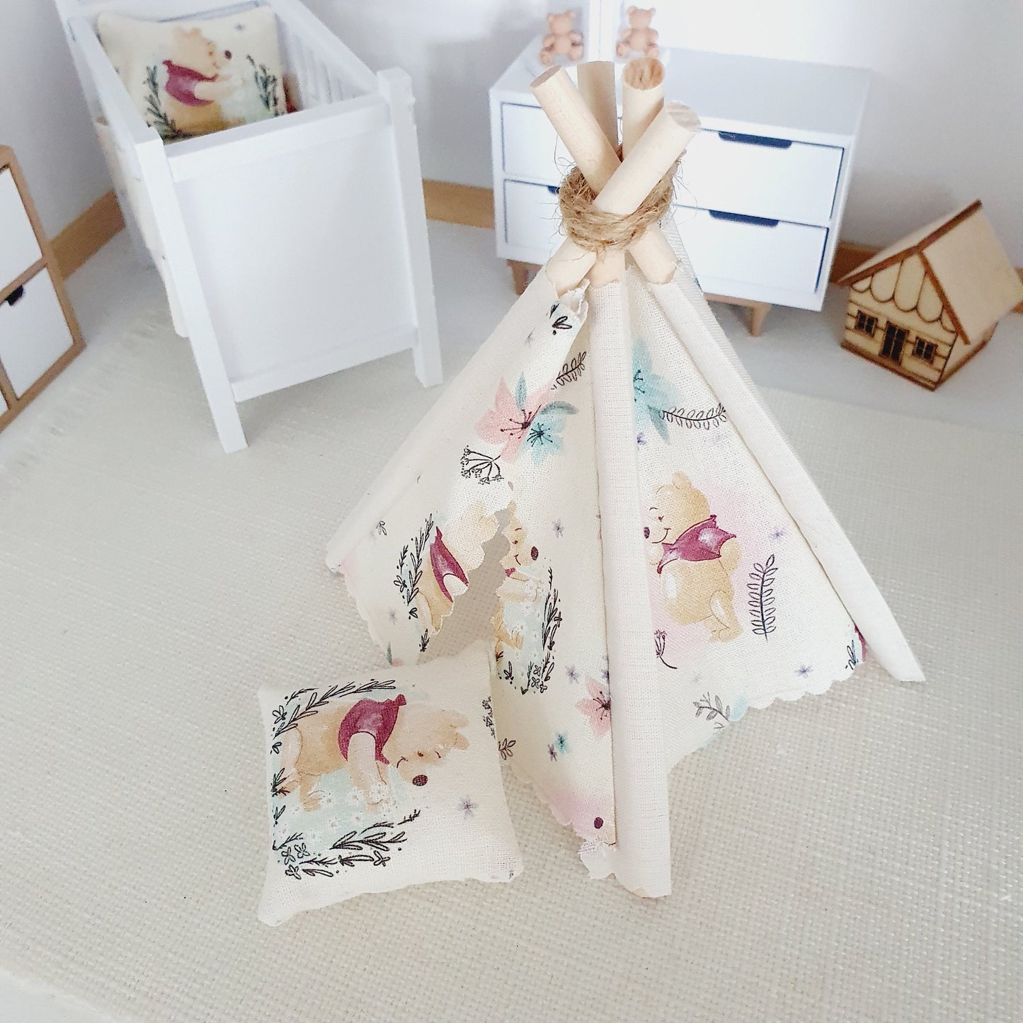 Dolls house Cute Winnie the pooh TeePee / Tent & Floor cushion, 12th scale tent, miniature teepee, Tipi, Tent