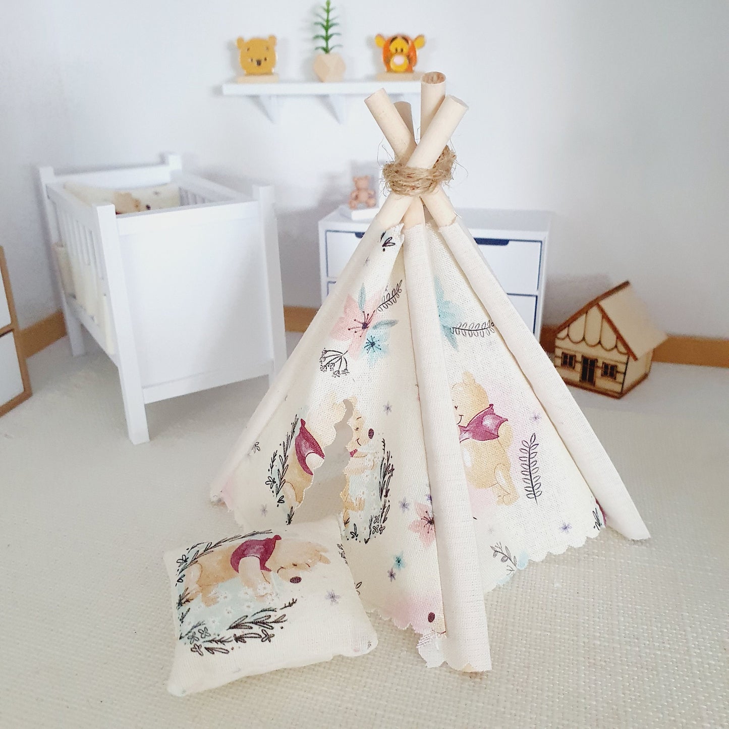 Dolls house Cute Winnie the pooh TeePee / Tent & Floor cushion, 12th scale tent, miniature teepee, Tipi, Tent