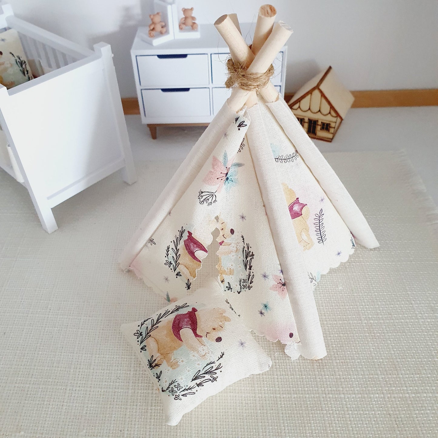 Dolls house Cute Winnie the pooh TeePee / Tent & Floor cushion, 12th scale tent, miniature teepee, Tipi, Tent