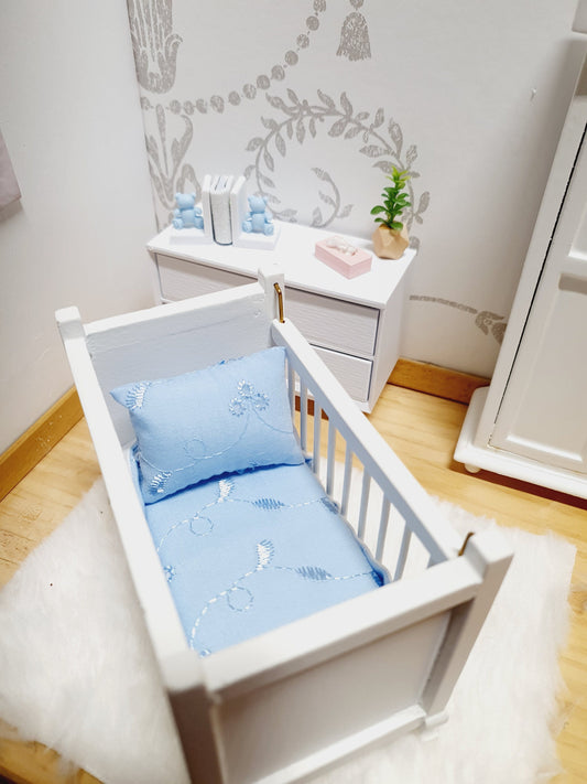 Dolls House Crib Bedding – Blue Floral Leaf Design, Handmade in England, 1:12 Scale