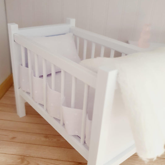 Dolls House Cot Bedding Set – White Polka Dot Design, Handmade in England, 1:12 Scale
