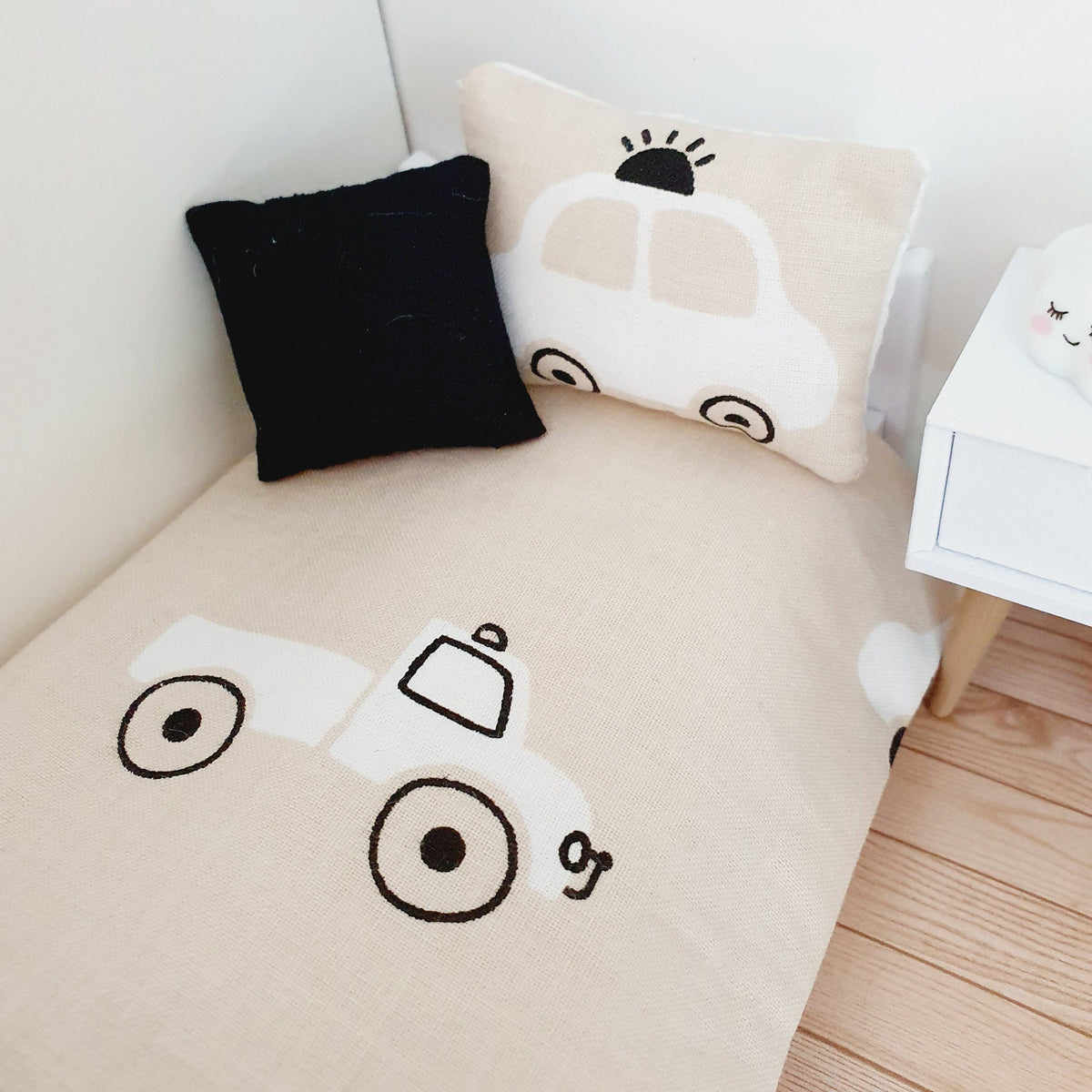 Dolls House Junior Bedding Set – Car Design, Handmade in England, 1:12 Scale