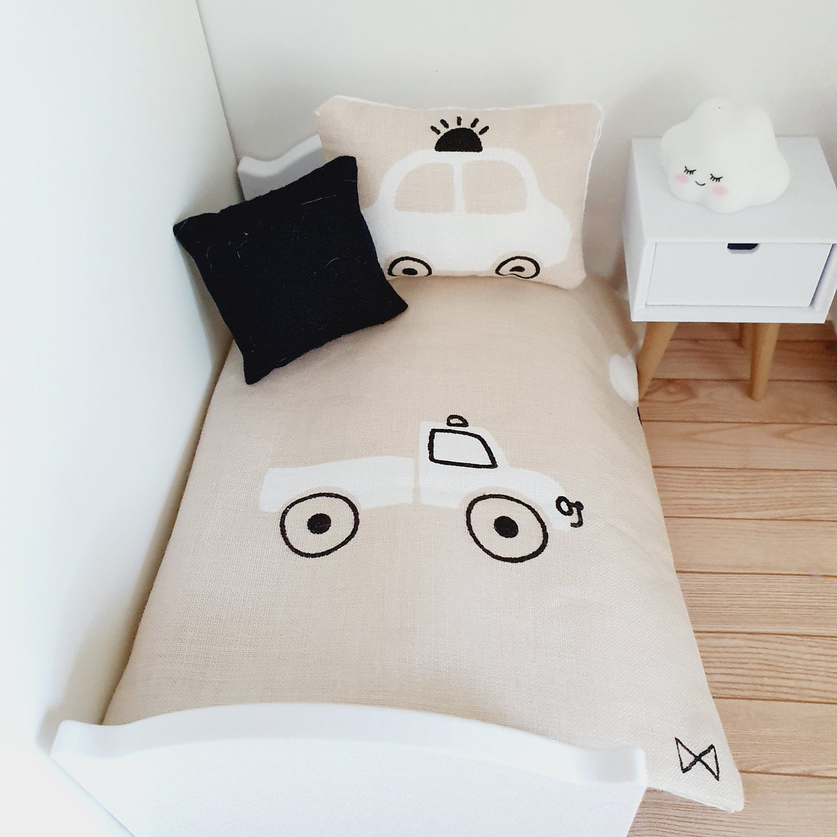 Dolls House Junior Bedding Set – Car Design, Handmade in England, 1:12 Scale