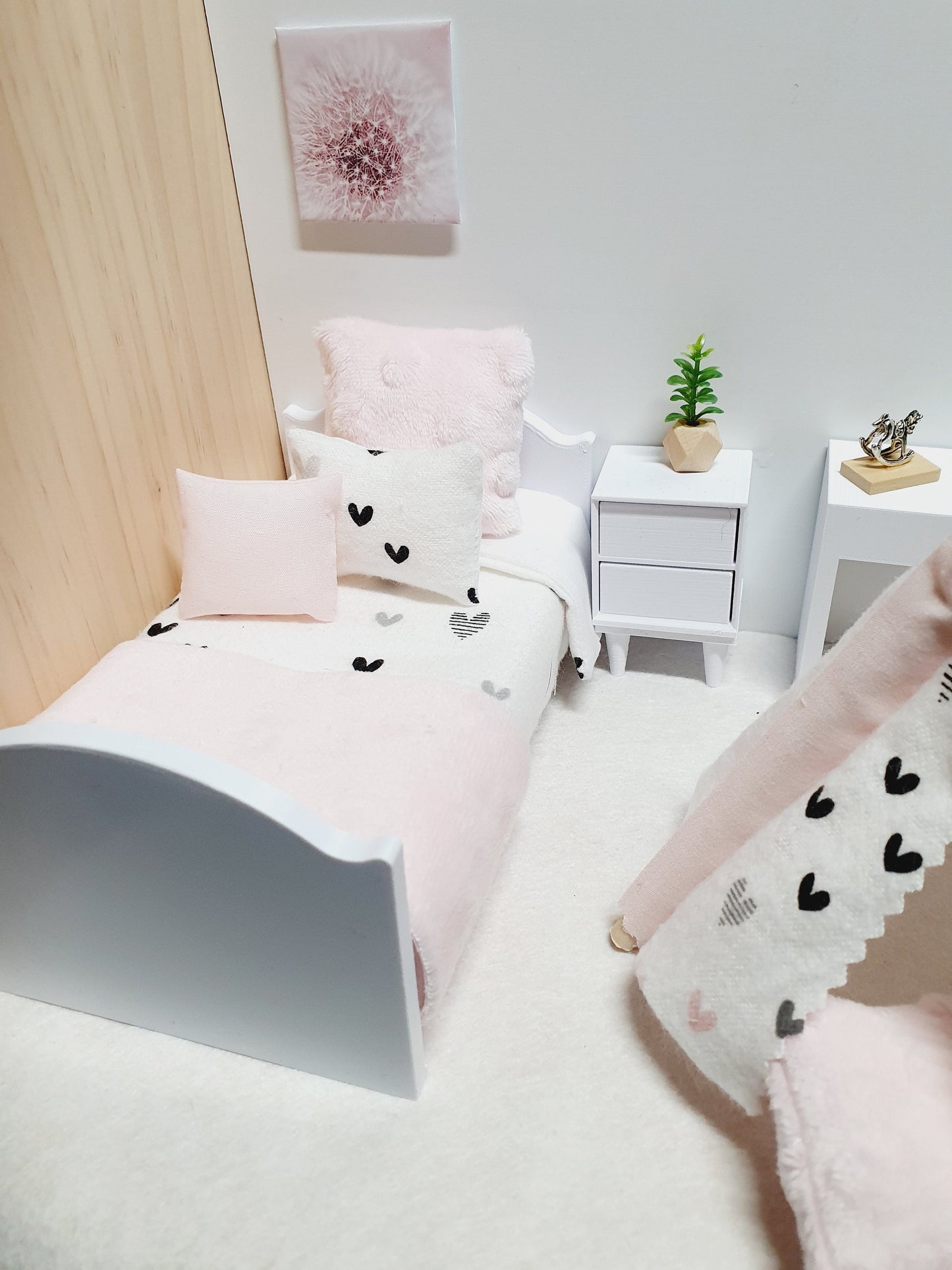 Dolls House Junior Bedding Set – Pink & Black Hearts, Handmade in England, 1:12 Scale