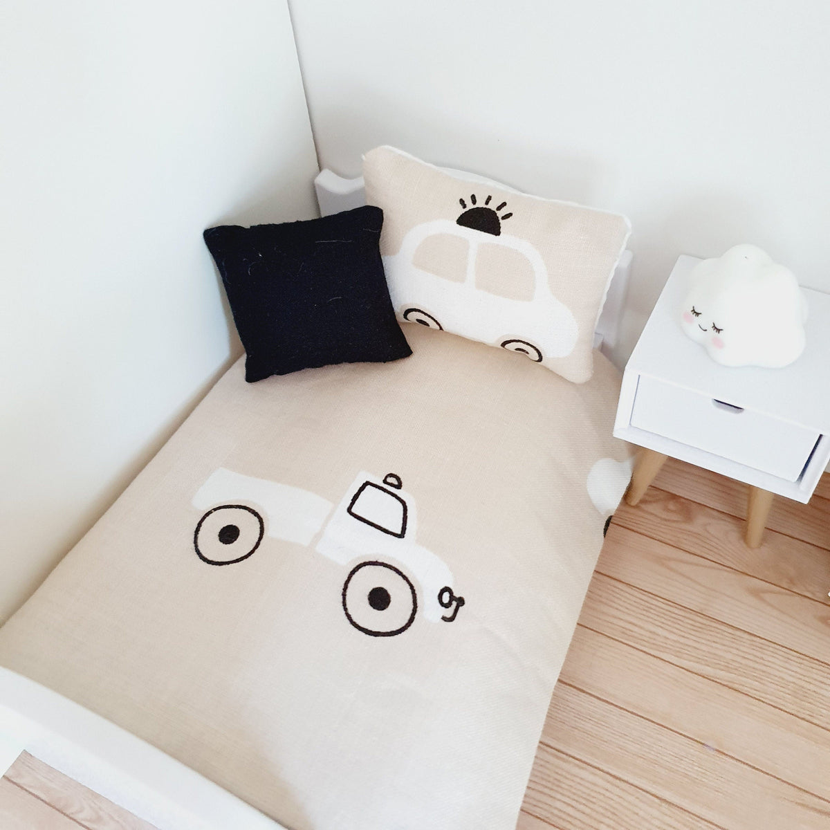 Dolls House Junior Bedding Set – Car Design, Handmade in England, 1:12 Scale