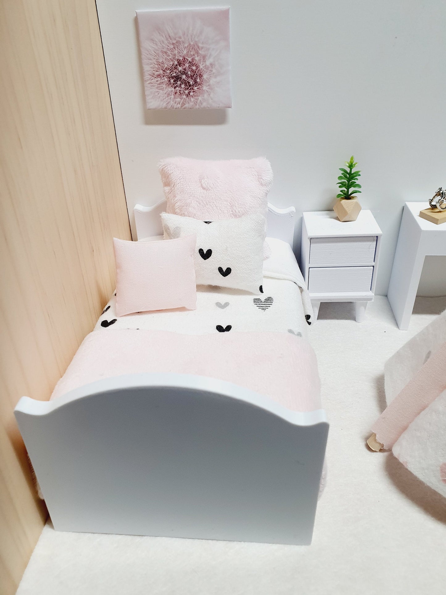 Dolls House Junior Bedding Set – Pink & Black Hearts, Handmade in England, 1:12 Scale