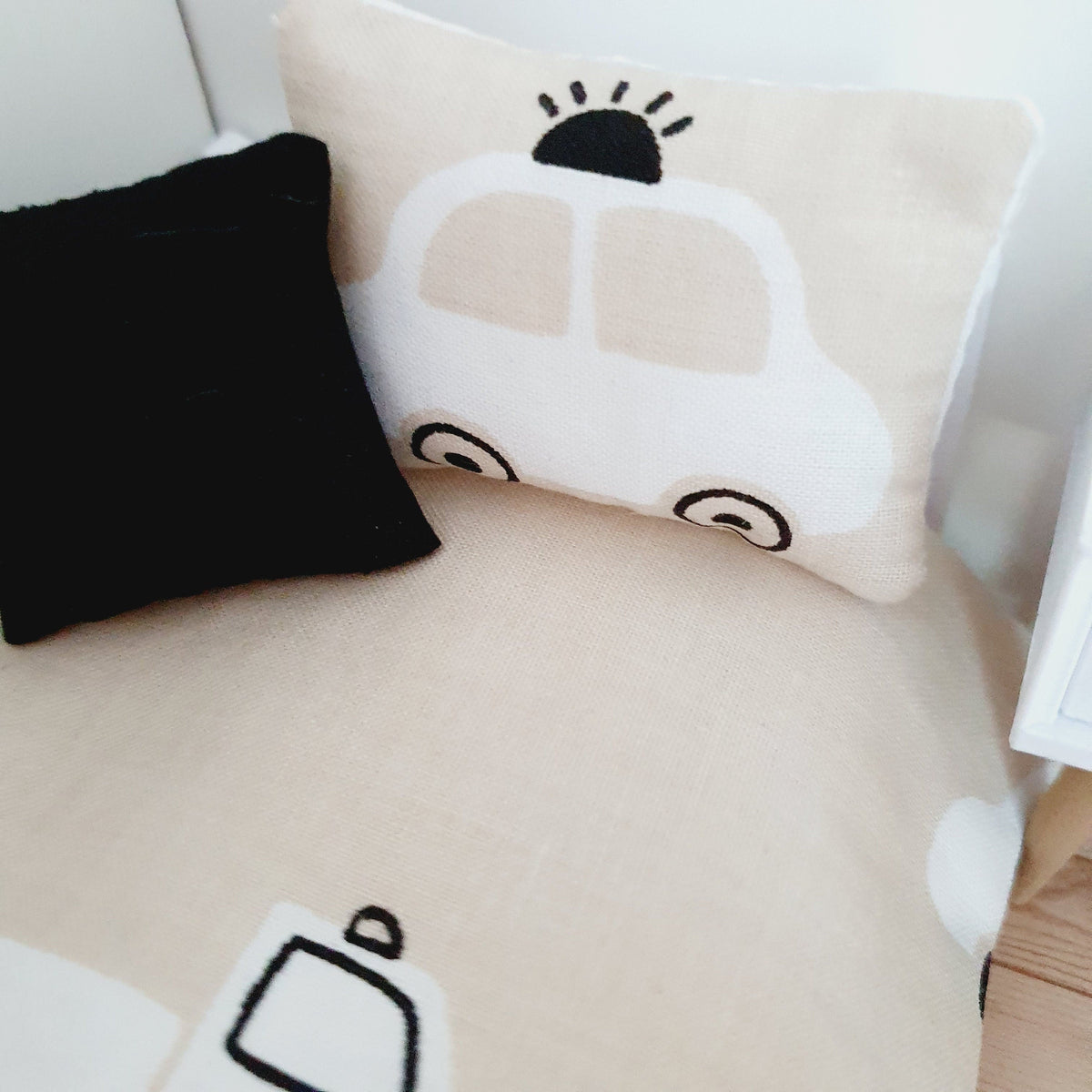 Dolls House Junior Bedding Set – Car Design, Handmade in England, 1:12 Scale