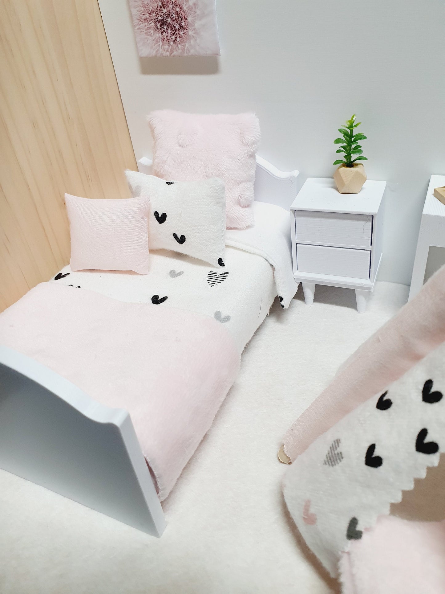 Dolls House Junior Bedding Set – Pink & Black Hearts, Handmade in England, 1:12 Scale
