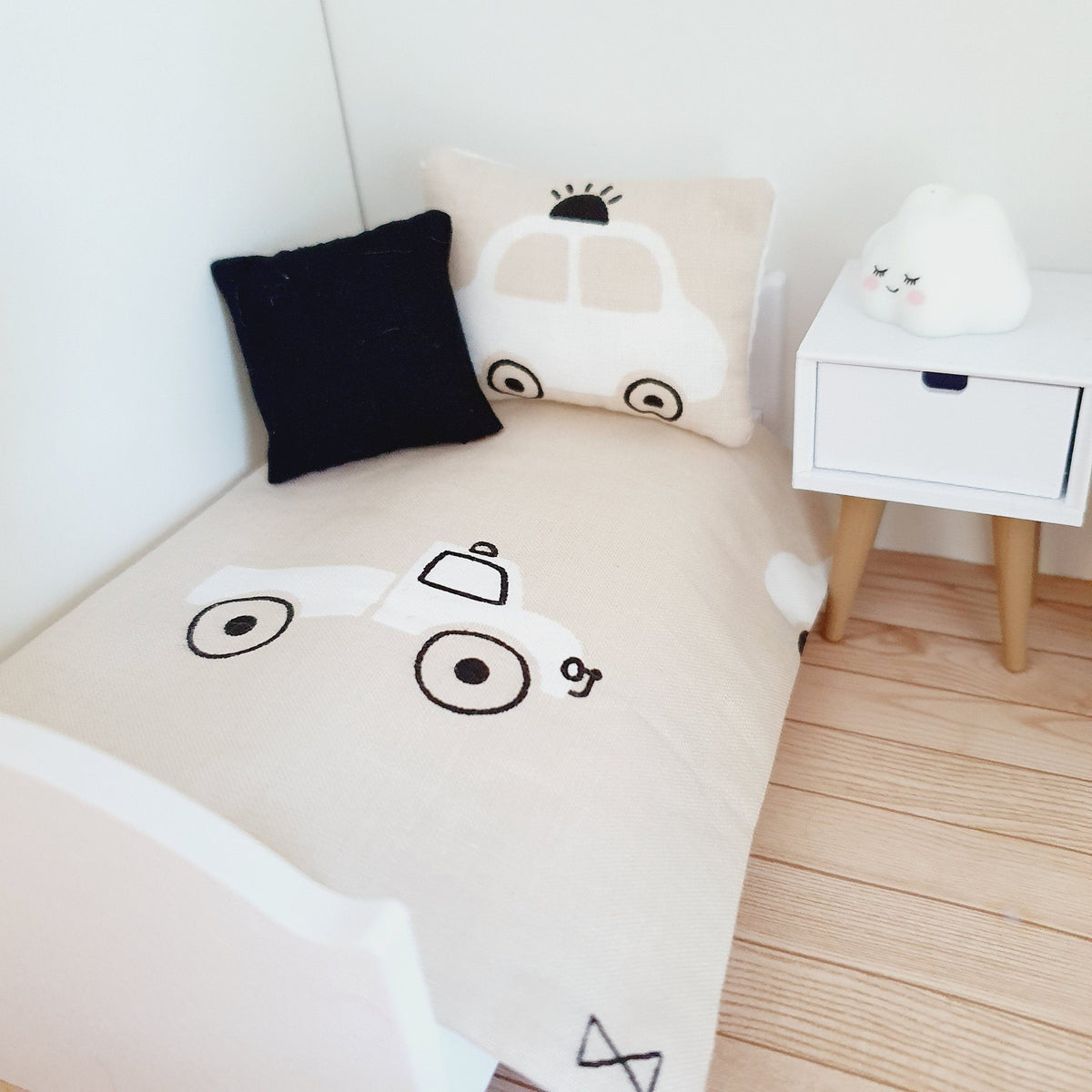 Dolls House Junior Bedding Set – Car Design, Handmade in England, 1:12 Scale