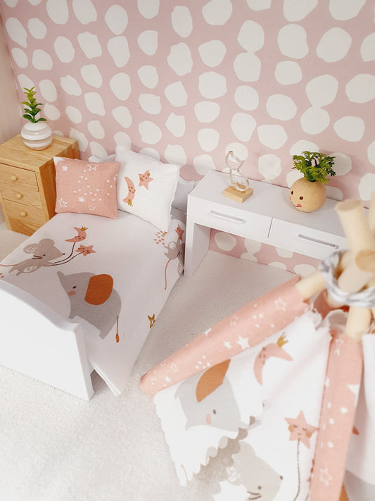 Dolls House Single Pink Mouse and Elephant Bedding Set – 4 Piece, 12th Scale Miniature Bed Set