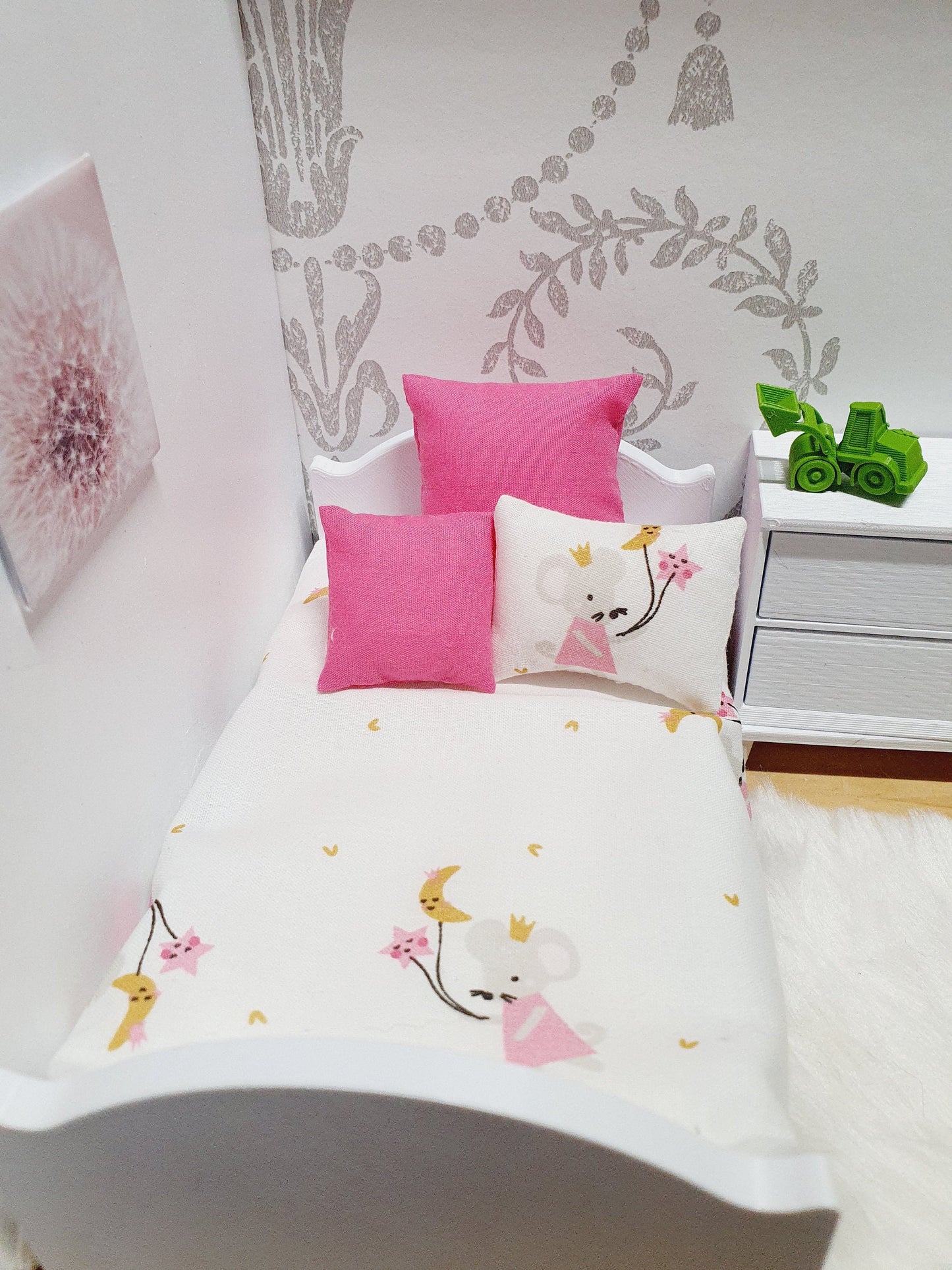 Dolls House Single 4-Piece Pink Mouse Bedding Set 1:12th Scale