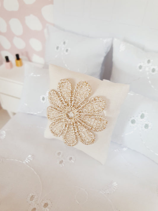 Dolls house Cream Cushion with Hessian and Gold Glitter Flower , 12th scale cushions, miniature cushion