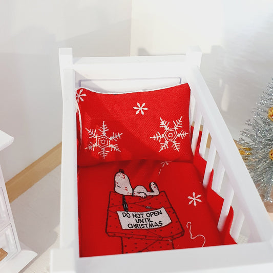 Dolls House Christmas Cot Bedding Set – Cute Snoopy Theme, Handmade in England, 1:12 Scale