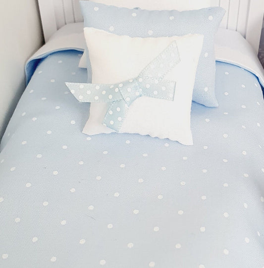 Dolls house Pale blue polka dot single bedding set,  12th scale bedding, miniature bed set