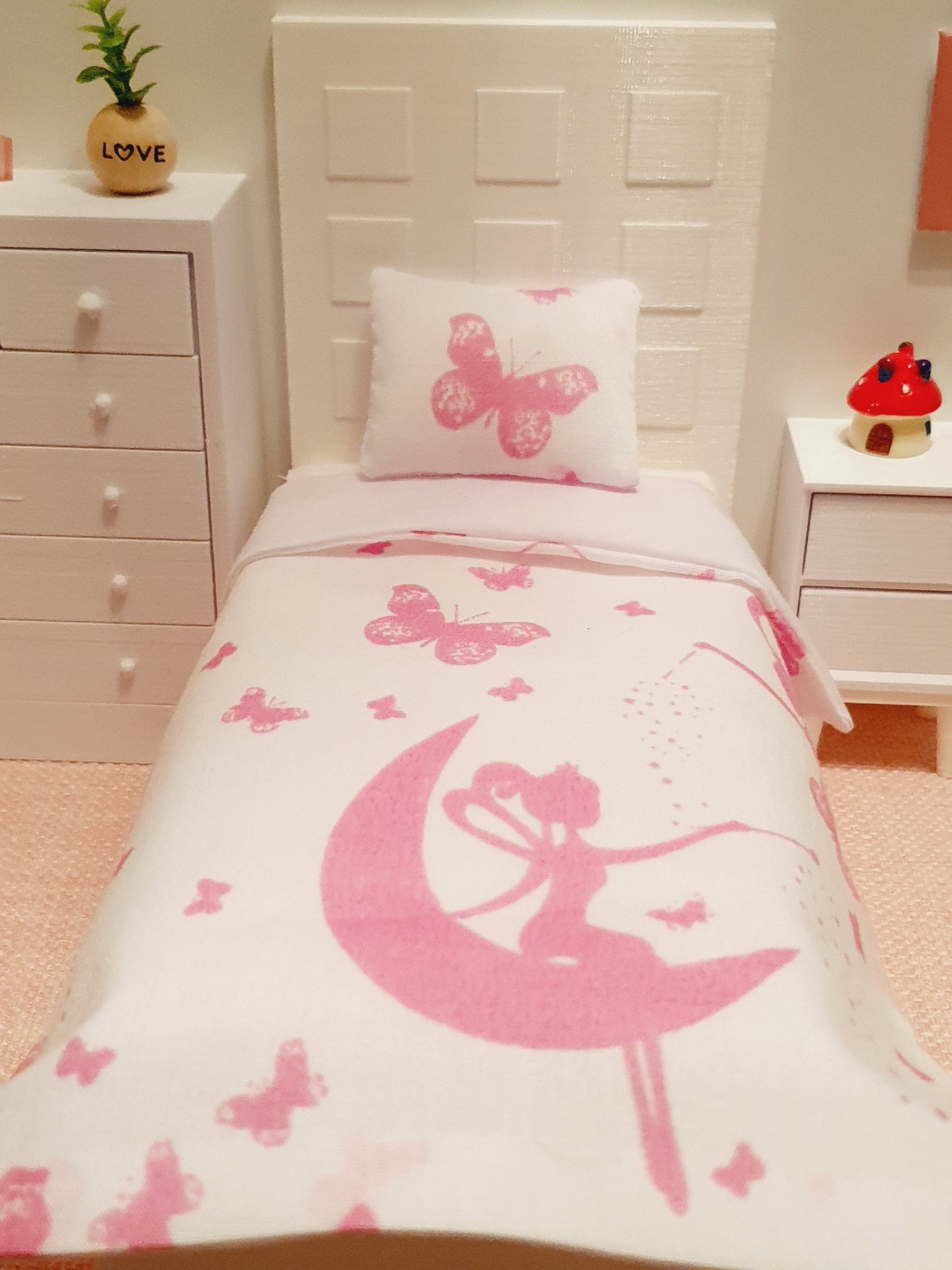 Dolls house Pink Butterfly & Fairy Single 12th Scale Bedding Set, Doll House Girls Room Bedding