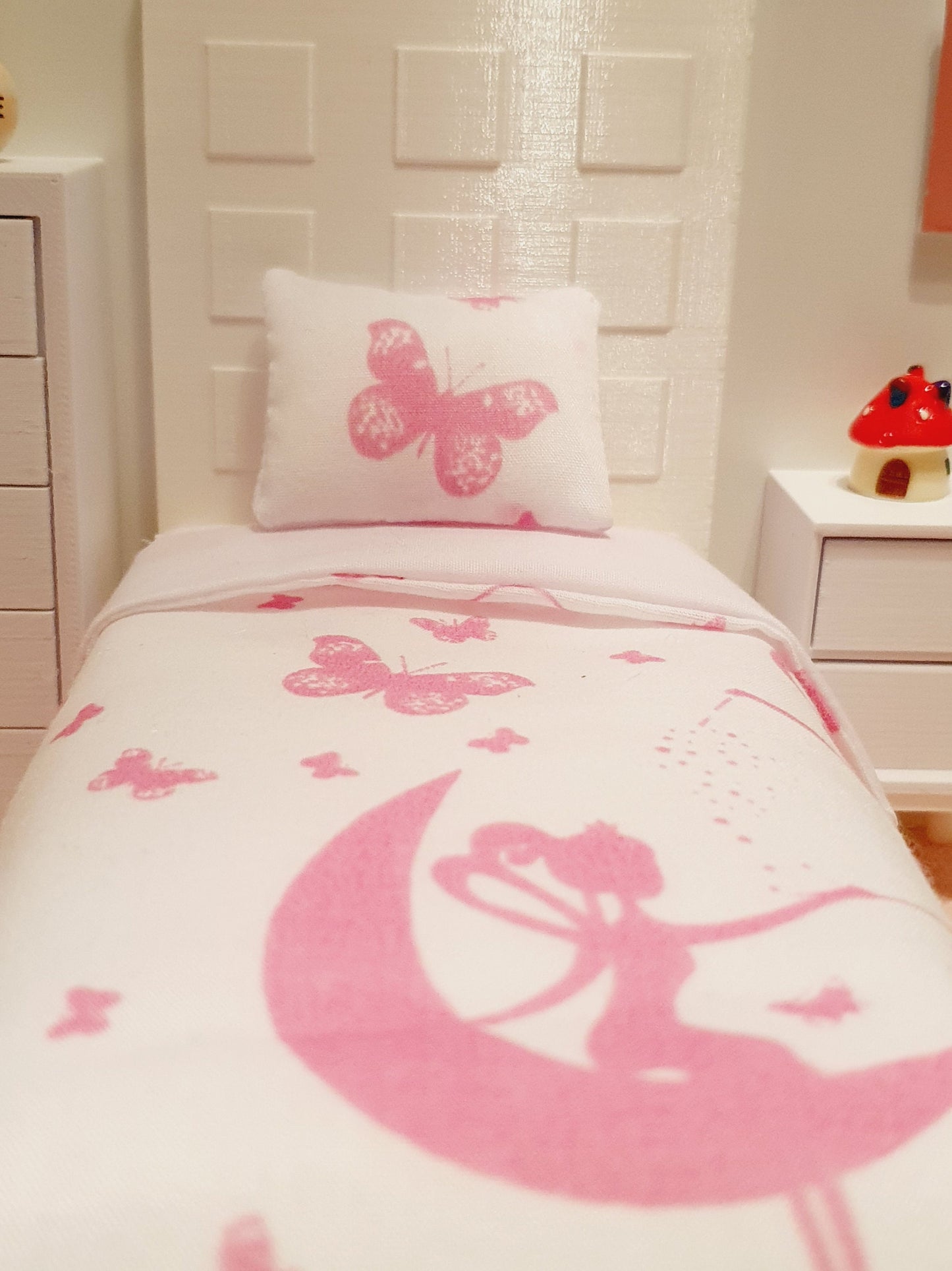 Dolls house Pink Butterfly & Fairy Single 12th Scale Bedding Set, Doll House Girls Room Bedding