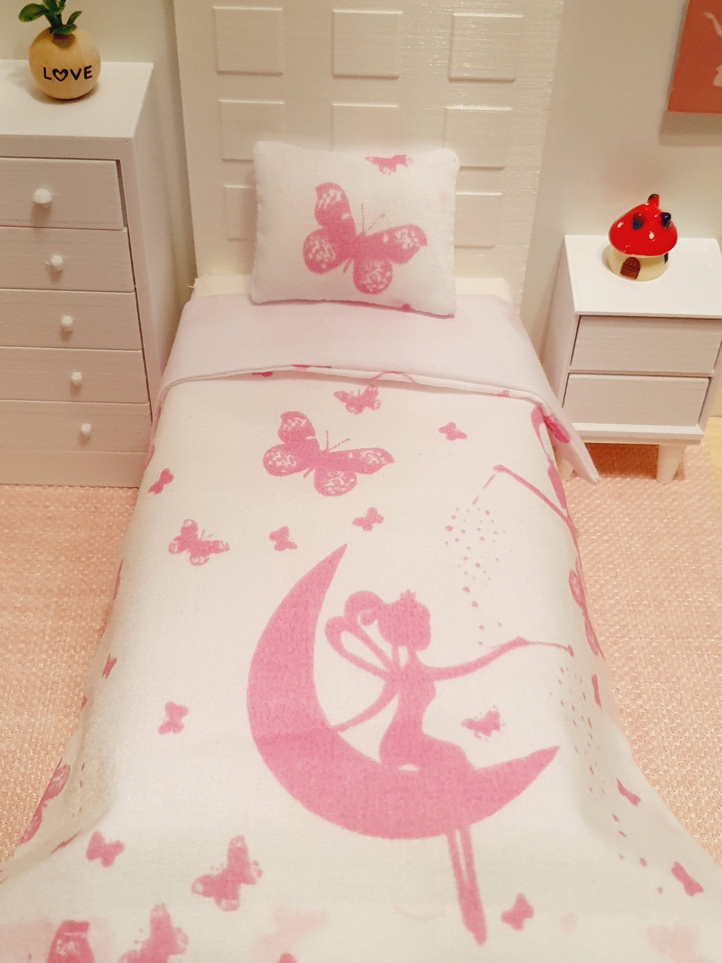 Dolls house Pink Butterfly & Fairy Single 12th Scale Bedding Set, Doll House Girls Room Bedding